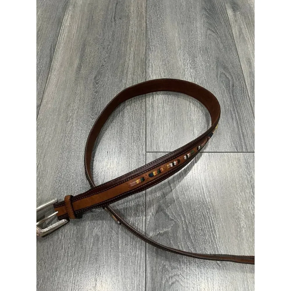 Brighton Seacliff Taper Leather Belt Embroidered Inlay Western 38 Brown A010282